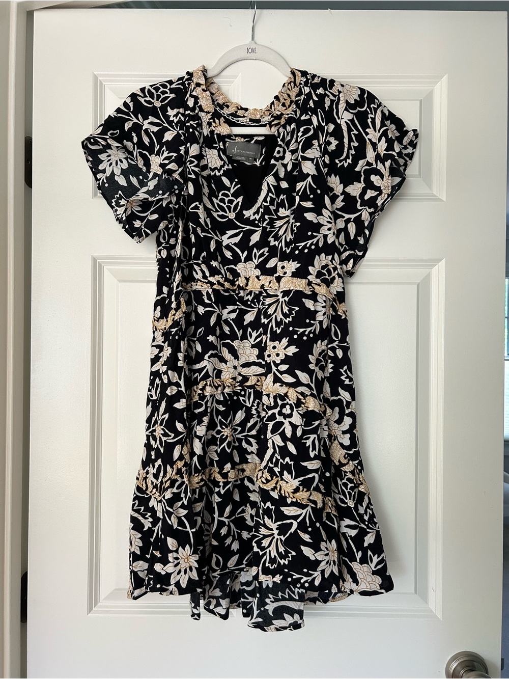 Anthropologie Black Floral Midi Dress with Cream/Beige Print